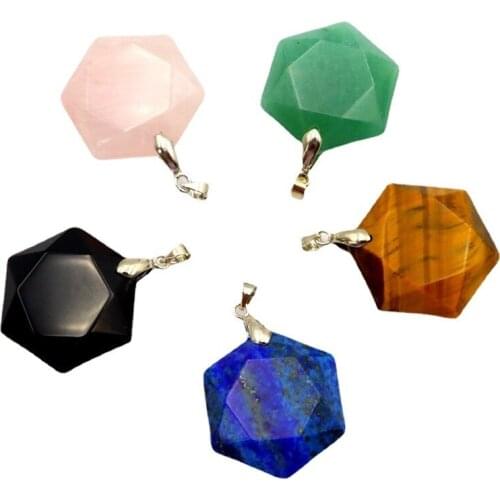 Hexagonal Natural Gemstone Necklace Pendant Fashion Hexagonal Energy Reiki Crystal Pendant for Men and Women