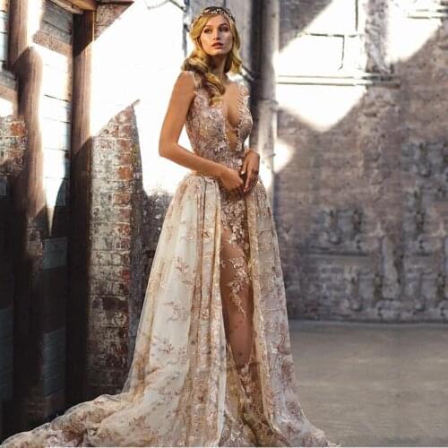 Sexy Champagne Mermaid Prom Gowns Detachable Overskirt See Through Formal Dress Lace Appliques Chic Evening Wear Abendkleider