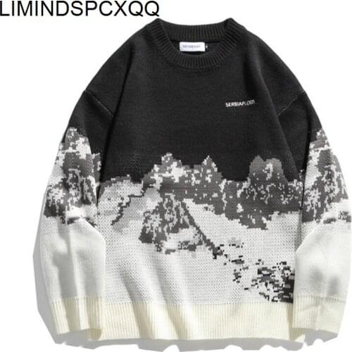 Casual Pullover Men Hip Hop Streetwear Knitted Sweater Snow Moutain Embroidery Sweater Men Harajuku Vintage Woman Sweaters Tops