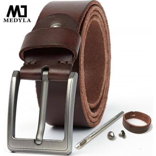 MEDYLA Italian genuine cowhide mens belt soft original cowhide brushed steel buckle leather belt men jeans casual pants belt