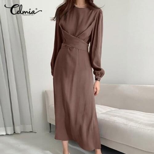 Celmia Midi Sundress Women Fashion Dress Elegant Long Sleeve Twisted Waist Office Casual Solid Party Work Vestidos