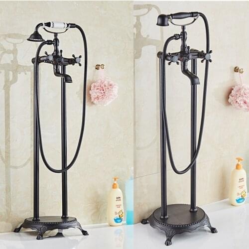Bathtub Faucet Brass Bathtub Mixer Tap With Hand Shower Floor Standing Style Dual Handle Black Bathroom Bath Shower Faucet Set