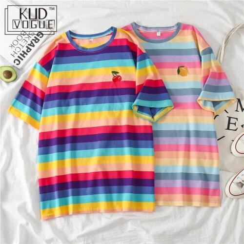 Harajuku Color Block Contrast Rainbow Stripe Loose Tee Plus Size Women Top T Shirt Korean T-shirt Streetwear Cute Fruit Printing