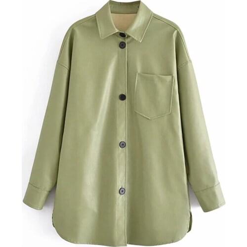 Women 2021 Fashion Faux Leather Shirt Jacket Retro Long Sleeve Snap Button Pocket Ladies chic Coats Streetwear