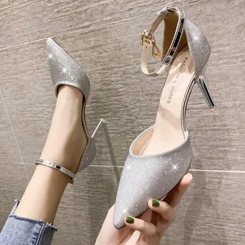 Personality ladies sandals summer new single shoes sweet stiletto temperament goddess pure color sequined high heels