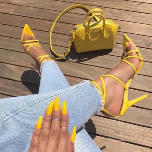 Sexy Yellow Sandals Ladies Sandals Summer New Pointed Fish Mouth Cross Stilettos Sharp Point Toe 11.5cm Heels