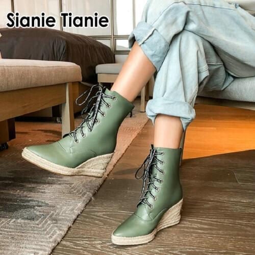 Sianie Tianie winter green ivory lace up platform high heels woman ankle boots espadrilles wedges women boots big size 43 44