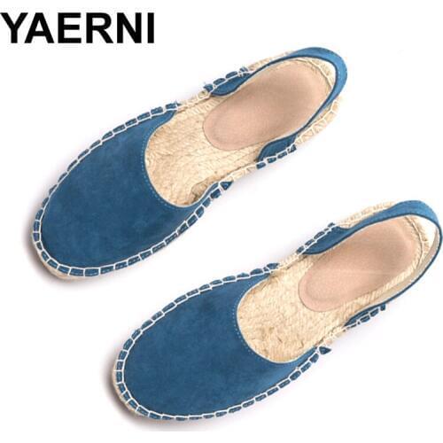 YAERNI Brand Women Flat Sandals Summer Shoes Woman Straw Fishman Sandals Ladies Flats Casual Shoes Round Toe Pink Navy Plus Size
