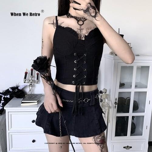 Sexy Bandage Camis Women Gothic Black Spaghetti Strap Backless Bodycon Crop Tank Tops Female Vintage Camisoles Summer VD2205
