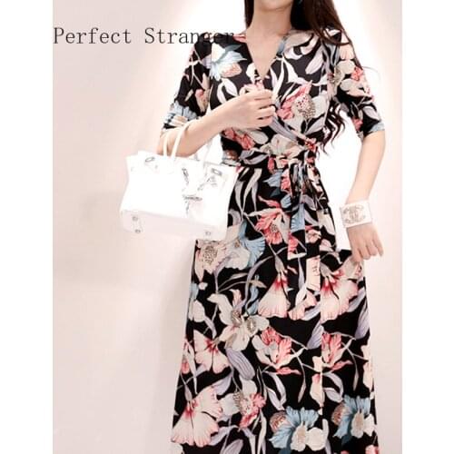 2020 Spring Summer New Arrival Elegant V Collar Flower Printed Women Jag Long Dress