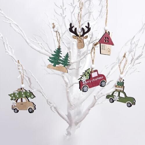 3PCS/Set Wooden Christmas Ornaments Xmas Tree Hanging Pendant Cars House Elk Ornaments for Christmas Party Holiday Decorations