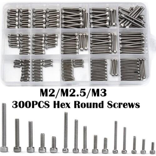 300Pcs Stainless Steel M2/M2.5/M3 Socket Head Cap Screws Hexagon Hex Round Head Screw Bolt Assorted Set Round Head Screw