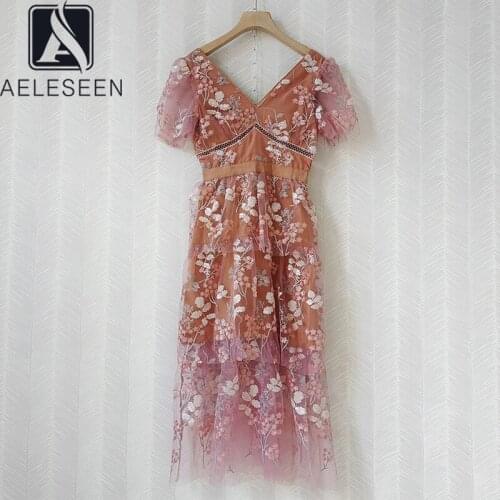 AELESEEN Runway Fashion Women Sequined Dress 2021 Sexy V-Neck Flower Embroidery Elegant Long Party Holiday Dress