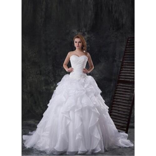 White Organza Beading Strapless Floor-Length Princess A-Line Wedding Dresses Court Train Custom Made