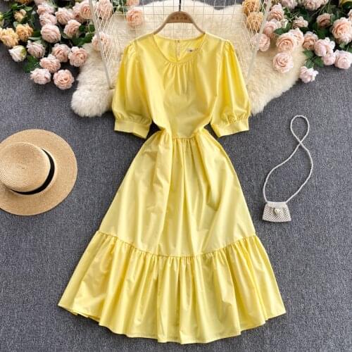Croysier Casual Dresses For Women 2021 Elegant Ruffle Hem Belted Midi Dress Round Neck Short Puff Sleeve Summer Dress Clothes