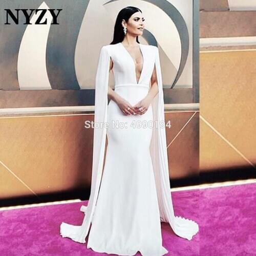 Elegant Pleats Chiffon V-Neck Cape Sleeves Off White Evening Dress 2020 NYZY E296 Party Dress Robe Soiree Dubai vestidos fiesta