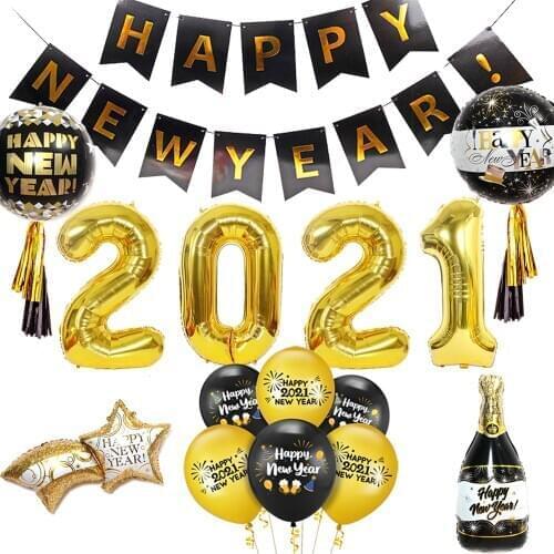 2021 Happy New Year Foil Balloons Black Banner Ribbon Decor Navidad New Year Eve Paper Photo Props Party Decorations Supplies