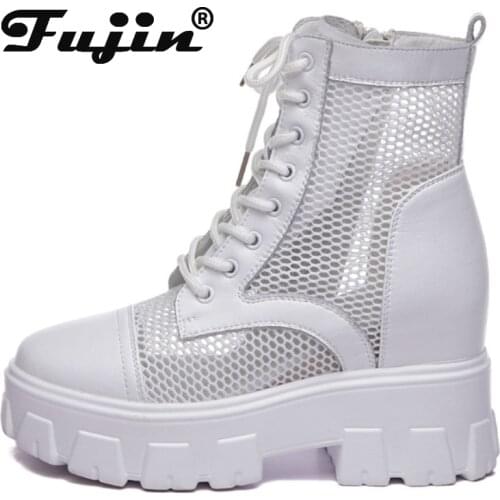 Fujin Genuine Leather Women Boots Summer Hollow Sandals Boots Ankle White Black Air Mesh Breathable 9cm Chunky Platform Heel