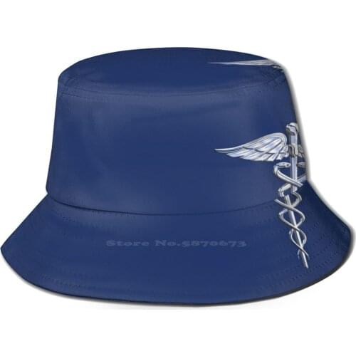 Chrome Like Caduceus Snakes Korean Ladies Outdoor Sun Hat Bucket Cap Caduceus Paramedic Medic Emergency Technician Intern Blue