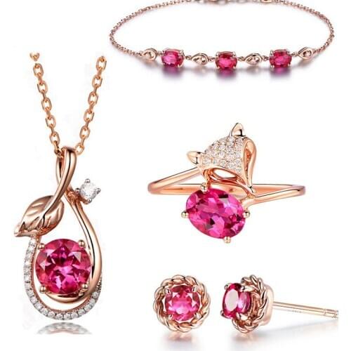 4Pcs Luxury Female Crystal Jewelry Set Charm Fox Rose Gold Color Wedding Rings For Women Geometry Zircon Chain Pendant Necklace