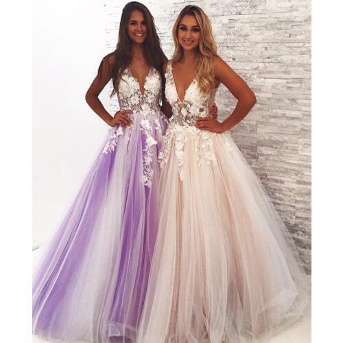 Cinderella V-Neck Sleeveless Floor Length Lace Applique Hand Made Flower SoftTulle Evening Dresses vestidos de fiesta de noche