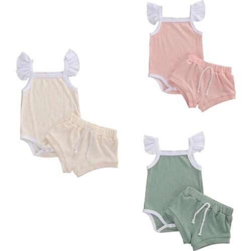 Baby Girls Summer Clothing 2PCS Solid Color Children Outfit Fly Sleeve Square Collar Snap Romper and Drawstring Shorts Set