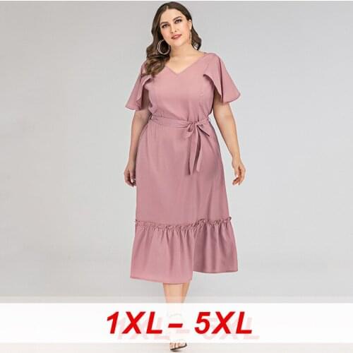 A Line V Neck Ruffled Short Sleeves Belted Women Party Dresses Solid Office Lady Elegant Plus Size Midi Dress Women 2020 Spring