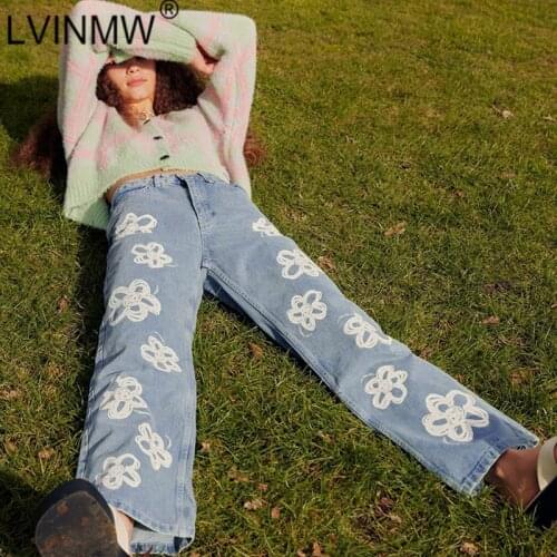 LVINMW Jeans Floral Pockets Sweet Mode Slim Bottoms Single Button Zipper Fly High Waist Straight Pants Flower Print Denim Girls