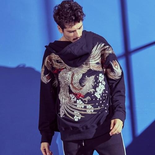 Makuluya Men Boys Heavy Work Phoenix Embroidered Zippers Casual High Street Streetwear All-Match Chic Coats Hoodies L