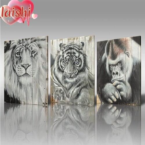 3pcs Black and white animal art, lion tiger gorilla Diamond Painting Full drill Mosaic Round Diamond Embroidery Cross Stitch