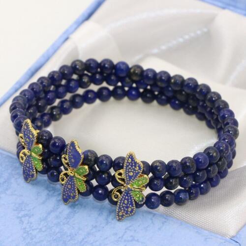 Natural Blue Lapis Lazuli 4mm Round Beads Cloisonne Spacers Elastic Bracelets High Grade Gifts 3 Rows Multilayer Jewelry B2777