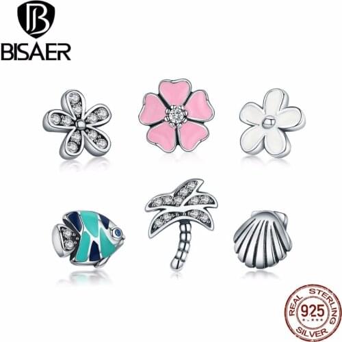 BISAER 925 Sterling Silver Bohemia Style Cherry Blossom Flowers Pink White Charms Fit Charms Locket Necklace EDF106
