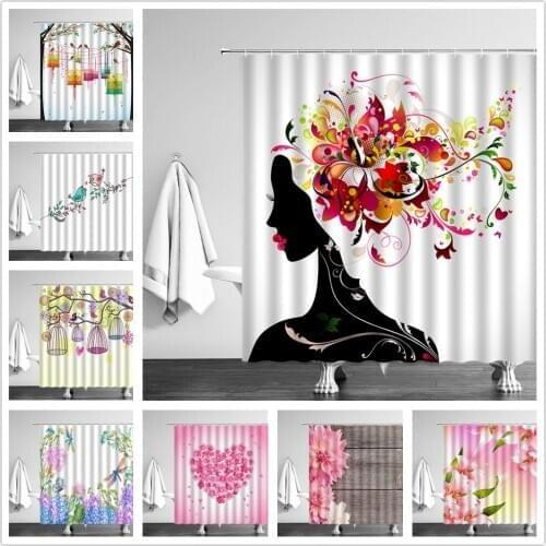 Pink Flower Butterfly Girl Shower Curtains Bird Dragonfly Wood Grain Green Plants Waterproof Bathroom Decor Cloth Curtain Set