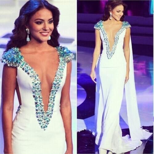 Sexy Deep V Neck White Satin Mermaid Evening Gown Long Beads Crystal with Cape Dubai Kftan Floor Length Wedding Party Dress