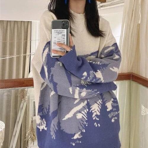 Harajuku Landscape Pattern Knitted Sweater Streetwear Oversized Pullovers Y2k Autumn Hooded E-girl Punk Sweatshirt Outwear Top