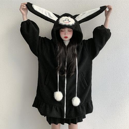 Womens sweater autumn and winter 2020 new sweet rabbit ear hooded cute lamb loose medium long student coat trend