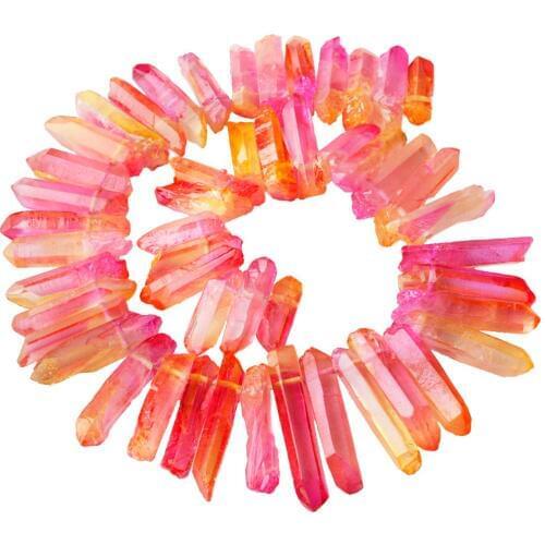 TUMBEELLUWA Orange Pink Titanium Coated Quartz Crystal Points Drilled Sticks Spikes 16 inch Strand