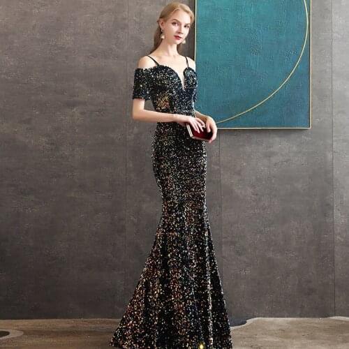 Gorgeous Sequins Mermaid Boat-Neck Evening Dress Short Sleeve Women Pageant Dress Lace-Up Prom Dress Boho Party Evening Gowns