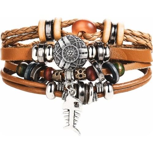 Vintage Pendent Fish Skull Leather Bracelet for Men Women Beads Braided Bracelets Bangles Fashion Wristband Friendship Jewelry