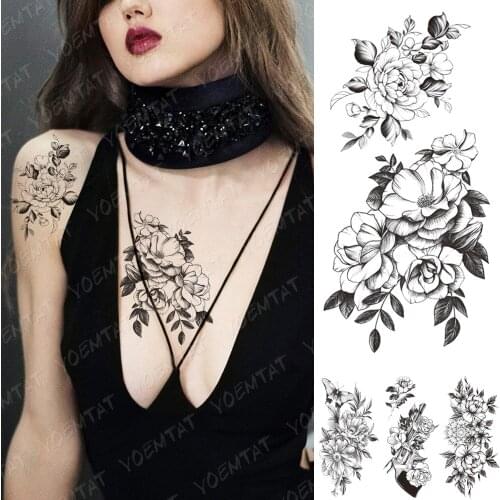 Waterproof Temporary Tattoo Sticker Peony Plum Blossom Flash Tattoos Female Minimalist Sketch Sexy Arm Body Art Fake Tatto Women