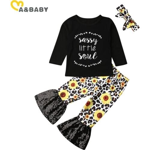 0-3Y Toddler Newborn Infant Baby Girl Flower Clothes Set Letter Long Sleeve T shirt Sunflower Sequins Flare Pants Autumn Outfits