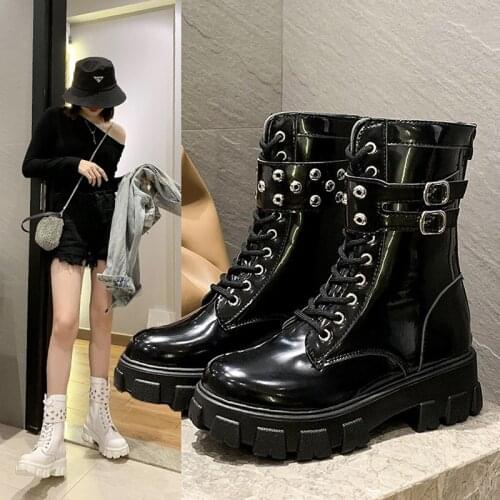 Women Ankle Martin Boots Woman 2020 Patent Black High Platform Boots Non-slip Wear-resistant Ankle Boots Ladies Shoes
