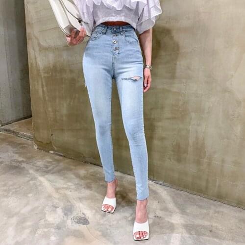 Women Skinny Pants Stretch Jeans New Sexy High Waist Tassel Ripped Holes Denim Pants Female Trousers Pencil Jeans