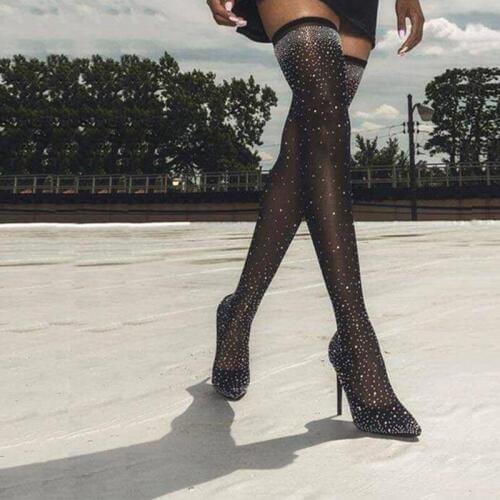 2020 Women Over The Knee Long Boots Winter Rhinestone Crystal Thight Boots Thigh High Botas Female Sock Elastic Overknee Shoes