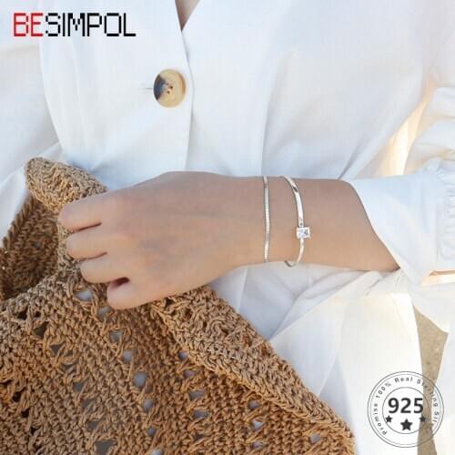 Besimpol 925 Sterling Silver AAAA Zircon Double Layer Bracelets Fashion Square Zircon Adjustable Bracelet For Women Fine Jewelry