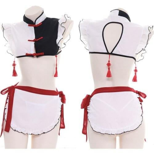 Women Classical Short Cheongsam Chiffon Maid Skirt Suit Vintag Sexy Pajamas Chinese Knot Tassle Ruffle Apron Underwear Cosplay