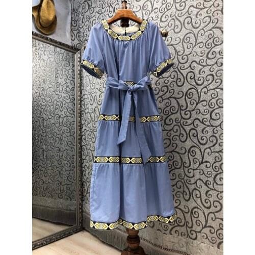 Top Quality Cotton Dress 2021 Summer Women O-Neck Color Block Embroidery Deco Short Sleeve Large Swing Casual Blue Dress Belt