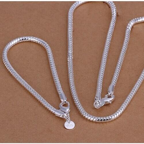 4MM Snake Bone Chains Jewelry Sets Lovely Free Shipping Wholeslae Silver Plated Fashion Wedding Gifts Jewelry/ajeajala KN-S065