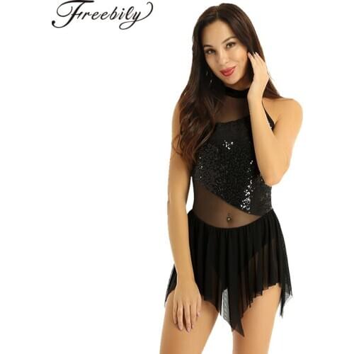Halter Sleeveless Shiny Sequins Mesh Splice Irregular Ballet Gymnastics Leotard Women Figure Skating Dress Adult Dance Wear