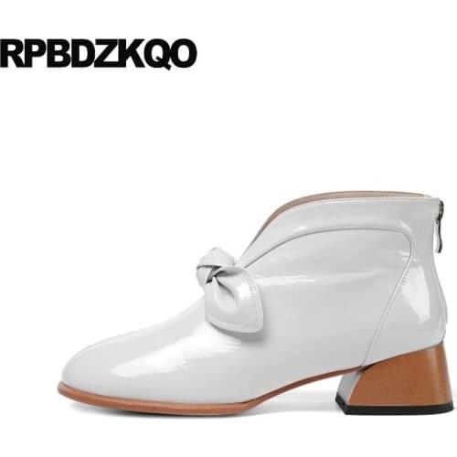 Block Kawaii White Slip On Women Ankle Boots 2021 Round Toe Cute Winter Chunky 10 Booties Shoes Big Size Patent Leather Bow New